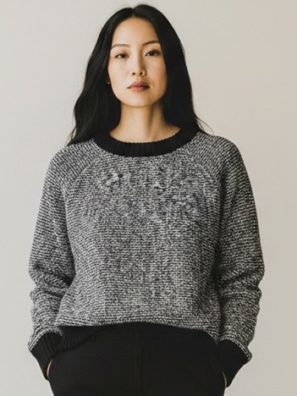 Eileen Fisher Cotton Jewel Neck Black & White Marled Crewneck Sweater Size Small